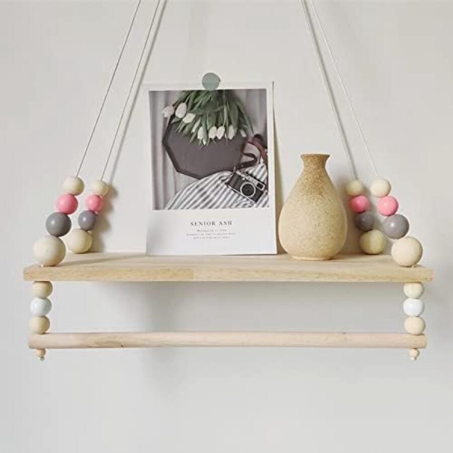 PromoHome Zwevend Wandrek Houten Plank met Touwen voor Slaapkamer Decoratie