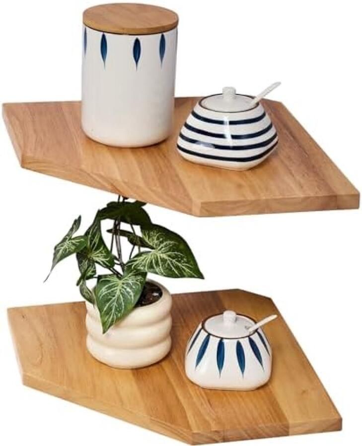 PromoHome Zwevende Hoekplanken Set van 2 Eikenhout Wandrek voor Extra Opslag