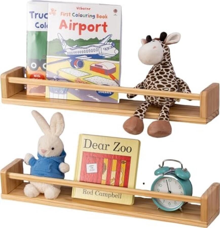 PromoHome Zwevende Kinderboekenplanken Set Massief Houten Wandrek voor Opbergen