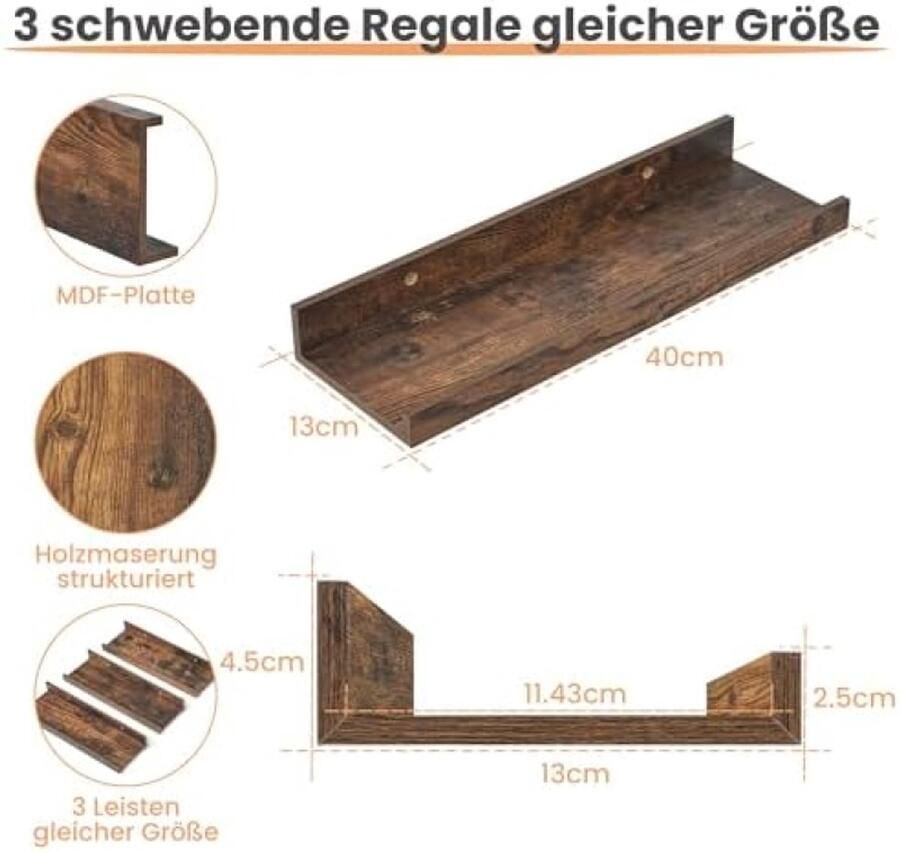PromoHome Zwevende Wandplank Set 3 Stuks Bruine Planken met Witte Beugels