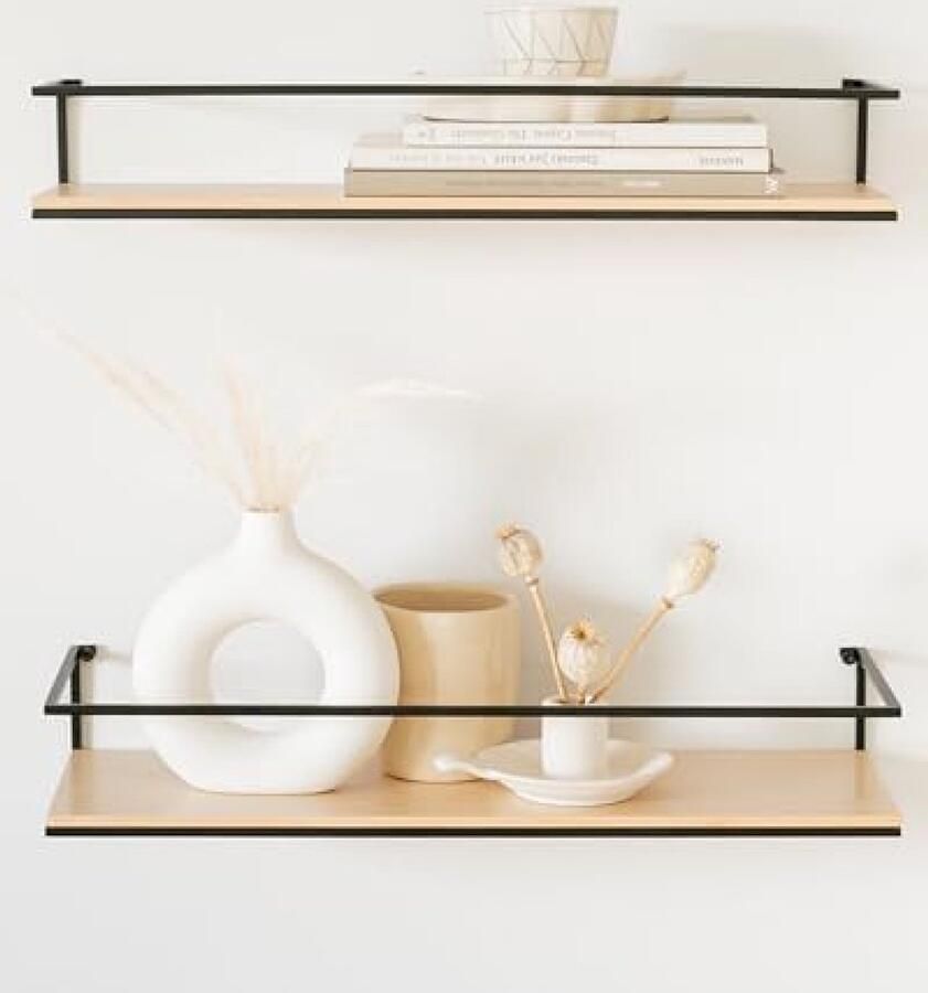 PromoHome Zwevende Wandplanken Set Moderne Berken Hout Look Sterke Metaal Constructie