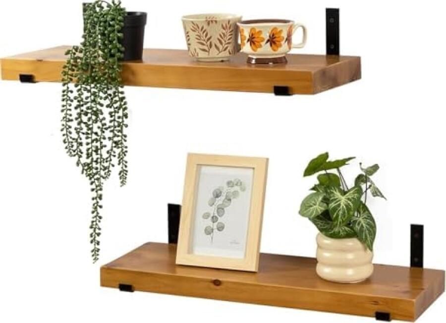 PromoHome Zwevende Wandplanken Set Natuurlijk Houten Planken met Veiligheidsrand