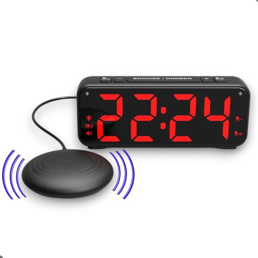Prostec Trilwekker voor Slechthorenden en Doven – Digitale Wekkerradio met Trilkussen – Bed Shaker Alarmklok met Luid Alarm Snooze en LED Display – Wekker voor Diepe Slapers en Gehoorproblemen
