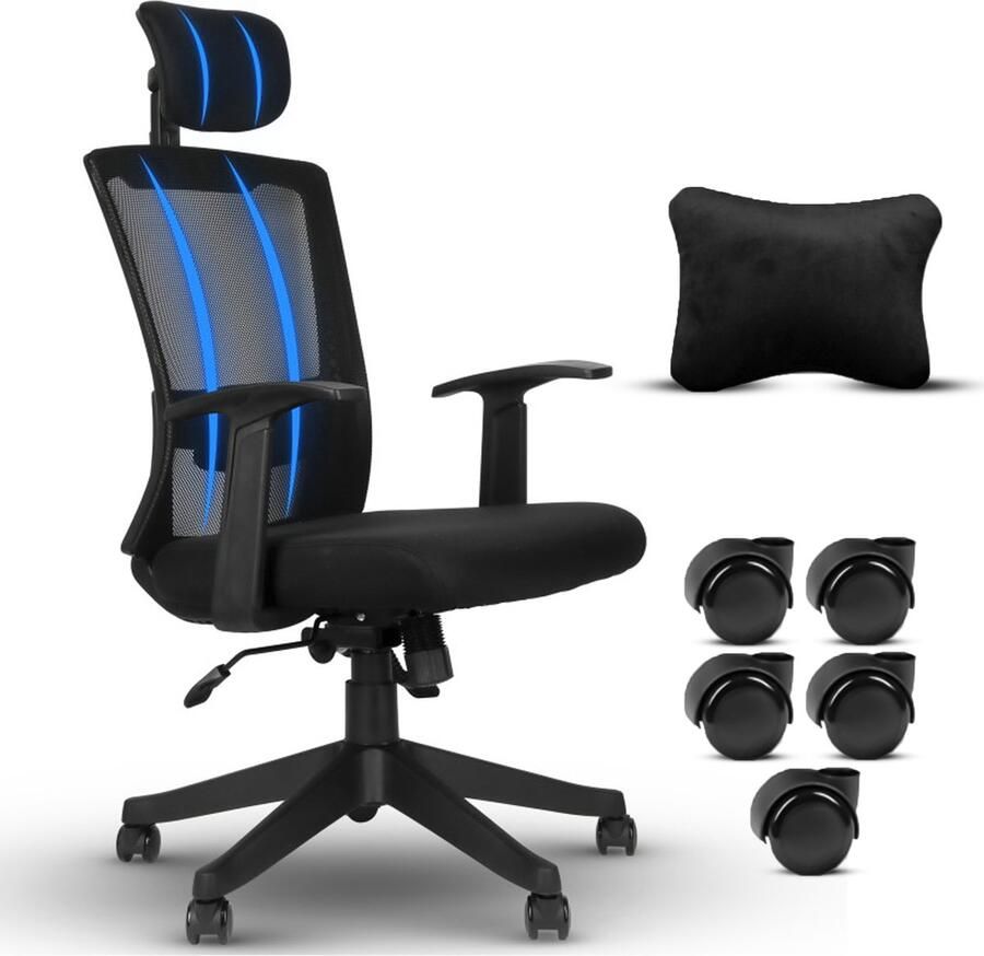 Proxadia Ergonomische Bureaustoel Bureaustoelen voor Volwassenen Office Chair Incl. Nekkussen en extra wielset Zwart