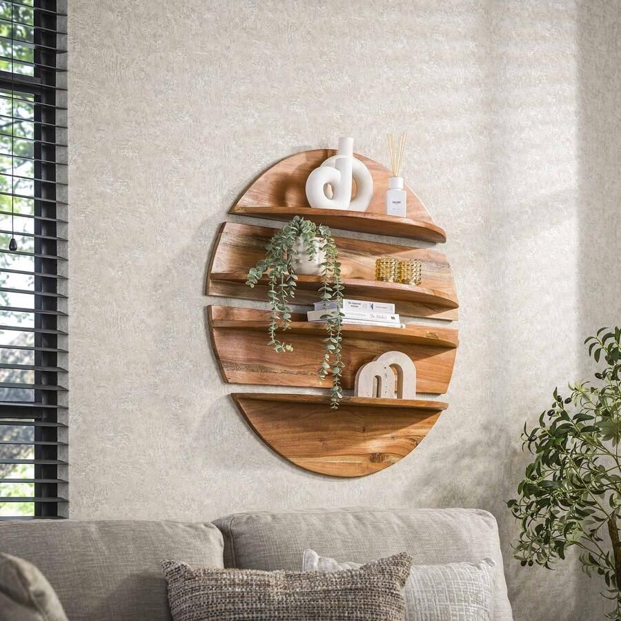 PS-Collection 4-Delige Ronde Wandschap 90x22x90cm Naturel Hout wandplank wandrek industrieel wandrek metaal zwart wandrek rond wandrekken wandplank zwevend wandplank hout wandkubus boekenplank
