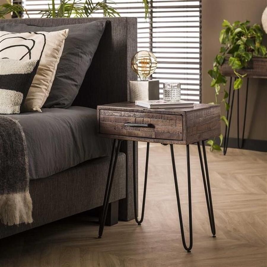 PS-Collection Aara 1 Lade Nachtkastje 45x35x60cm Grijs Acacia Metaal nachtkastje nachtkastjes set van 2 nachtkastjes industrieel nachtkastje zwart nachtkastjes modern nachtkastje zwevend