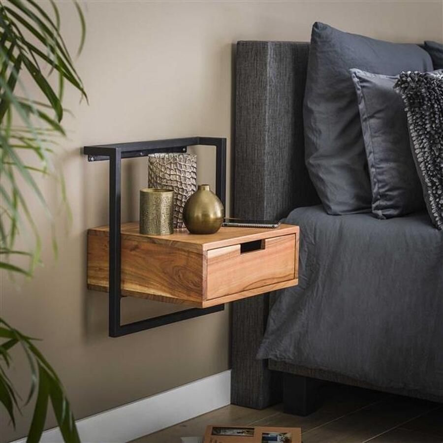 PS-Collection Air Solid 1 Lade Nachtkastje 44x35x45cm Naturel Acacia nachtkastje nachtkastjes set van 2 nachtkastjes industrieel nachtkastje zwart nachtkastjes modern nachtkastje zwevend