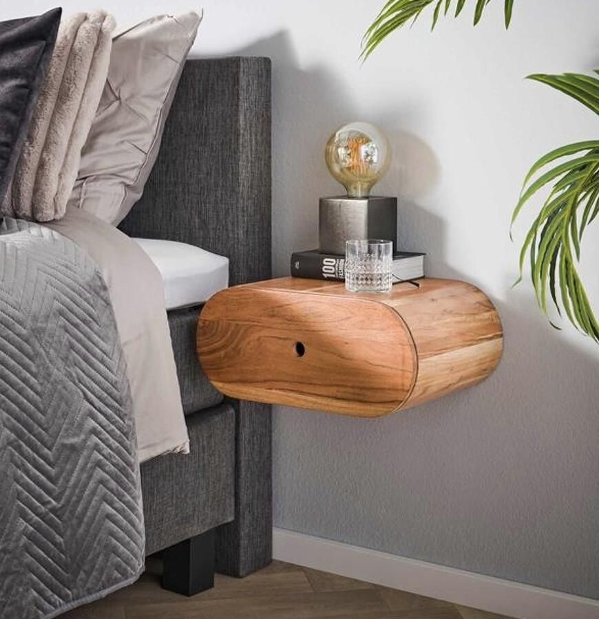 PS-Collection Bend 1 Lade Nachtkastje 45x31x20cm Naturel Acaciahout nachtkastje nachtkastjes set van 2 nachtkastjes industrieel nachtkastje zwart nachtkastjes modern nachtkastje zwevend