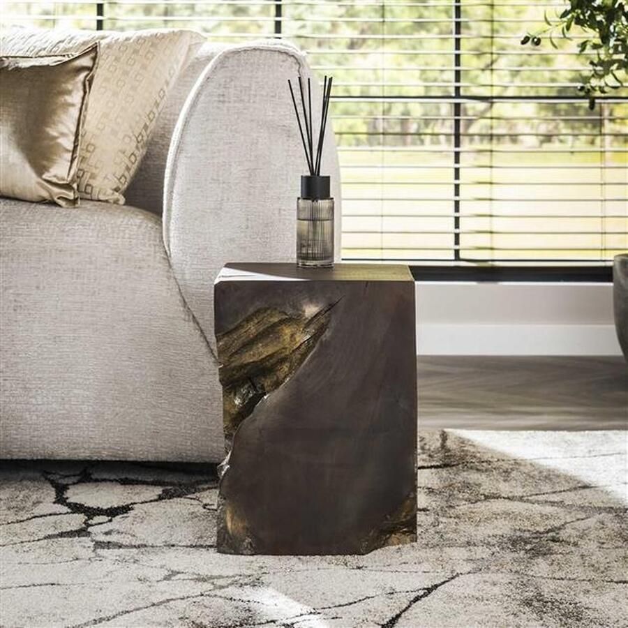 PS-Collection Bijzettafel Vierkant 30x30x40cm Grijs Goud Teak bijzettafels bijzettafel buiten bijzet tafel bijzettafel metaal met hout bijzettafel vierkant bijzettafel rond bijzettafel industrieel