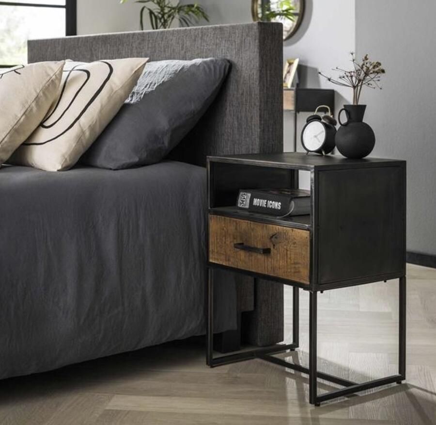 PS-Collection Blend 1 Lade Nachtkastje 45x35x60cm Zwart Bruin Hout Metaal nachtkastje nachtkastjes set van 2 nachtkastjes industrieel nachtkastje zwart nachtkastjes modern nachtkastje zwevend