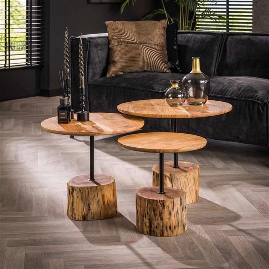 PS-Collection Boomstam Voet Set 3 Salontafels ø60x50cm Naturel Acacia salontafels rond salontafels salontafel zwart salon tafel salontafel rond salontafel industrieel salontafel vierkant salontafel marmer salontafel wit