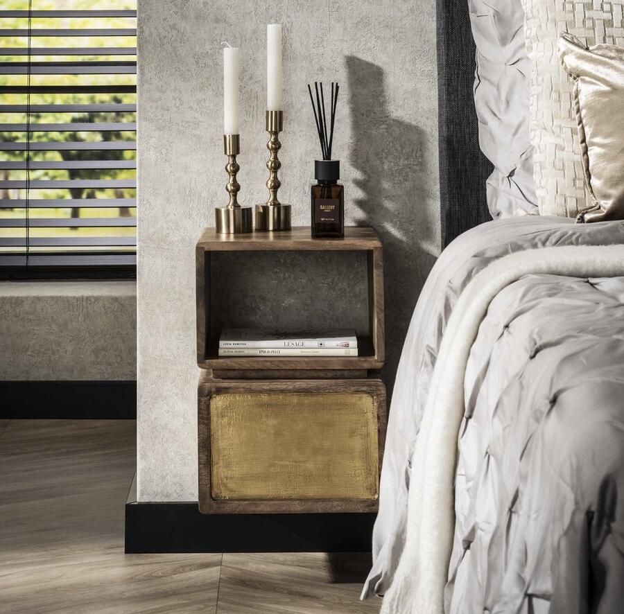 PS-Collection Brass 1L Nachtkastje 30x30x42cm Zandkleur Mangohout nachtkastje nachtkastjes industrieel nachtkastjes modern nachtkastje zwevend