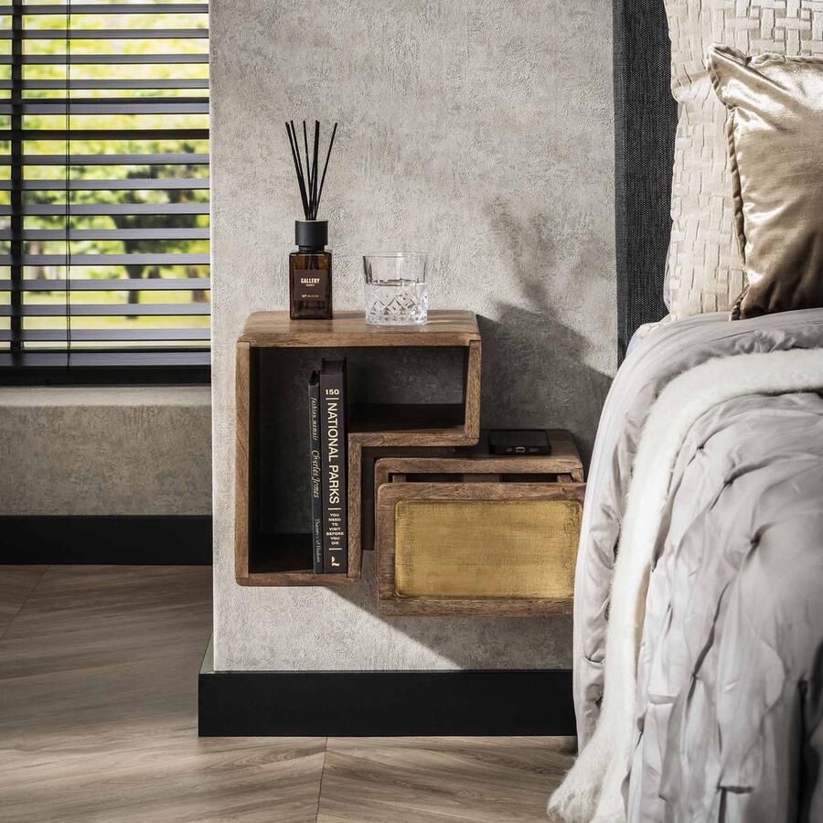 PS-Collection Brass Set van 2 Nachtkastjes 42x30x30cm Zandkleur Mangohout nachtkastje nachtkastjes industrieel nachtkastjes modern nachtkastje zwevend