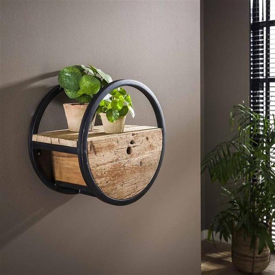 PS-Collection Circular Wandschap met Lade Ø40x25cm Bruin Hout Metaal wandplank wandrek industrieel wandrek metaal zwart wandrek rond wandrekken wandplank zwevend wandplank hout wandkubus boekenplank