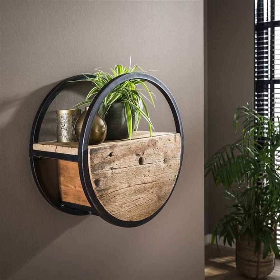 PS-Collection Circular Wandschap met Lade Ø50x25cm Bruin Hout Metaal wandplank wandrek industrieel wandrek metaal zwart wandrek rond wandrekken wandplank zwevend wandplank hout wandkubus boekenplank