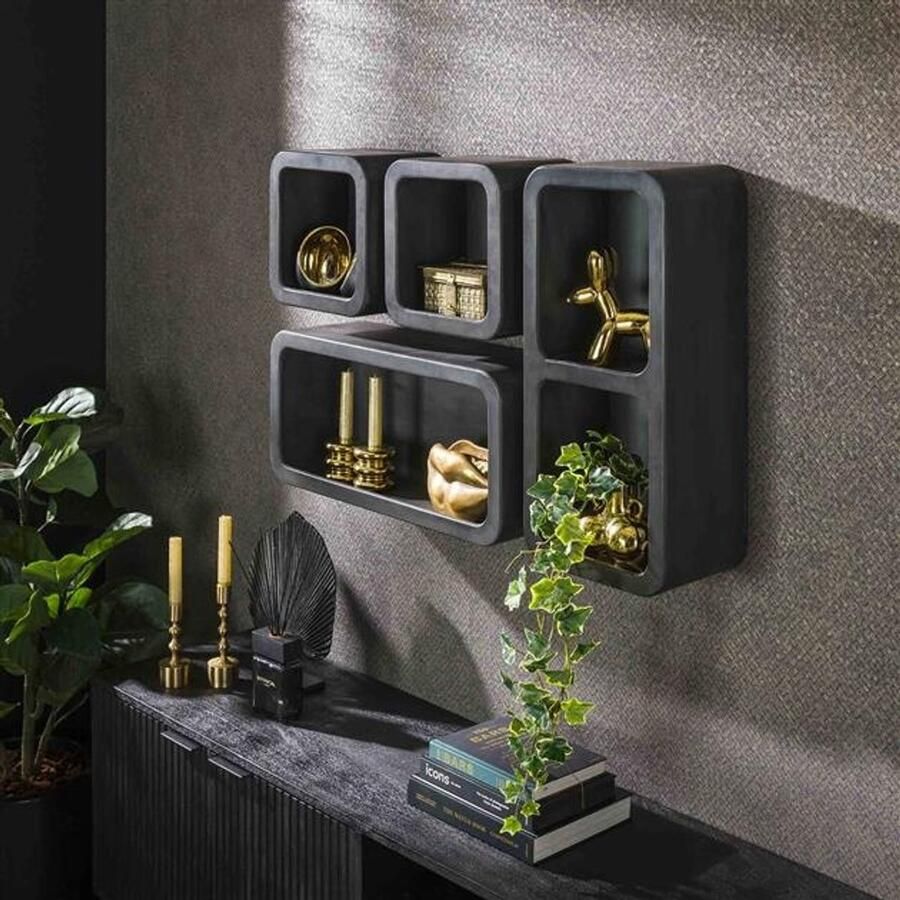 PS-Collection Dark Clay Set 4 Wandplank 30x20x65cm Grijs Acaciahout wandplank wandrek industrieel wandrek metaal zwart wandrek rond wandrekken wandplank zwevend wandplank hout wandkubus boekenplank