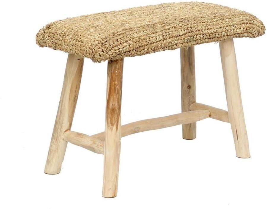 PS-Collection De Raffia Bank 60x28x45cm Naturel Teakhout krukje hout krukjes om op te zitten krukje badkamer krukjes om op te zitten volwassenen krukje make up tafel kruk krukje houten krukje