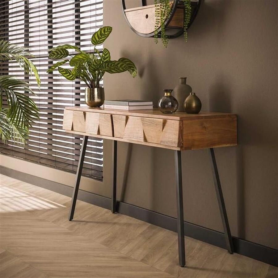 PS-Collection Demn 2 Lade Kaptafel 120x40x77cm Naturel Acacia Metaal wandtafel haltafel met lades haltafel zwart haltafel hout hal tafel haltafel met lades industrieel haltafel industrieel klaptafel kaptafels kaptafel zwart