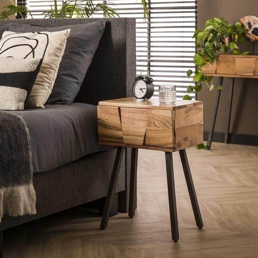 PS-Collection Demn Nachtkastje 40x32x60cm Naturel Acacia Metaal nachtkastje nachtkastjes set van 2 nachtkastjes industrieel nachtkastje zwart nachtkastjes modern nachtkastje zwevend