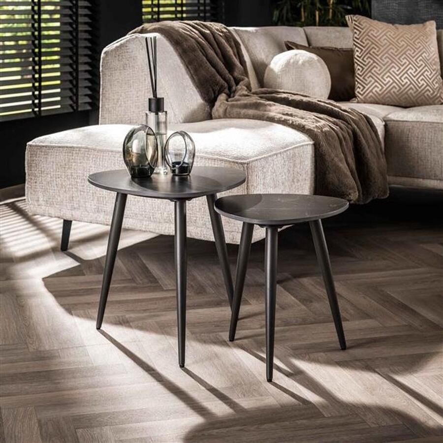 PS-Collection Driehoekige Bijzettafel Set 2 46x46x45 cm Zwart Keramiek bijzettafels bijzettafel buiten bijzet tafel bijzettafel metaal met hout bijzettafel vierkant bijzettafel rond bijzettafel industrieel