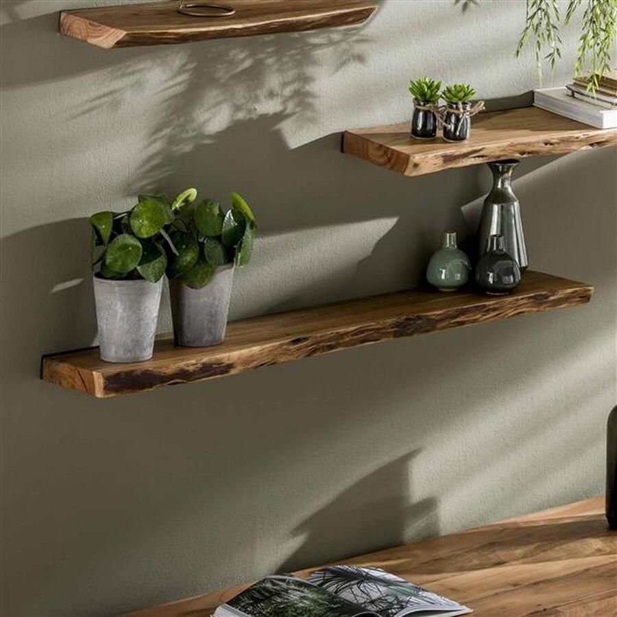 PS-Collection Edge 120 Wandplank 120x20x4cm Naturel Acaciahout wandplank wandrek industrieel wandrek metaal zwart wandrek rond wandrekken wandplank zwevend wandplank hout wandkubus boekenplank