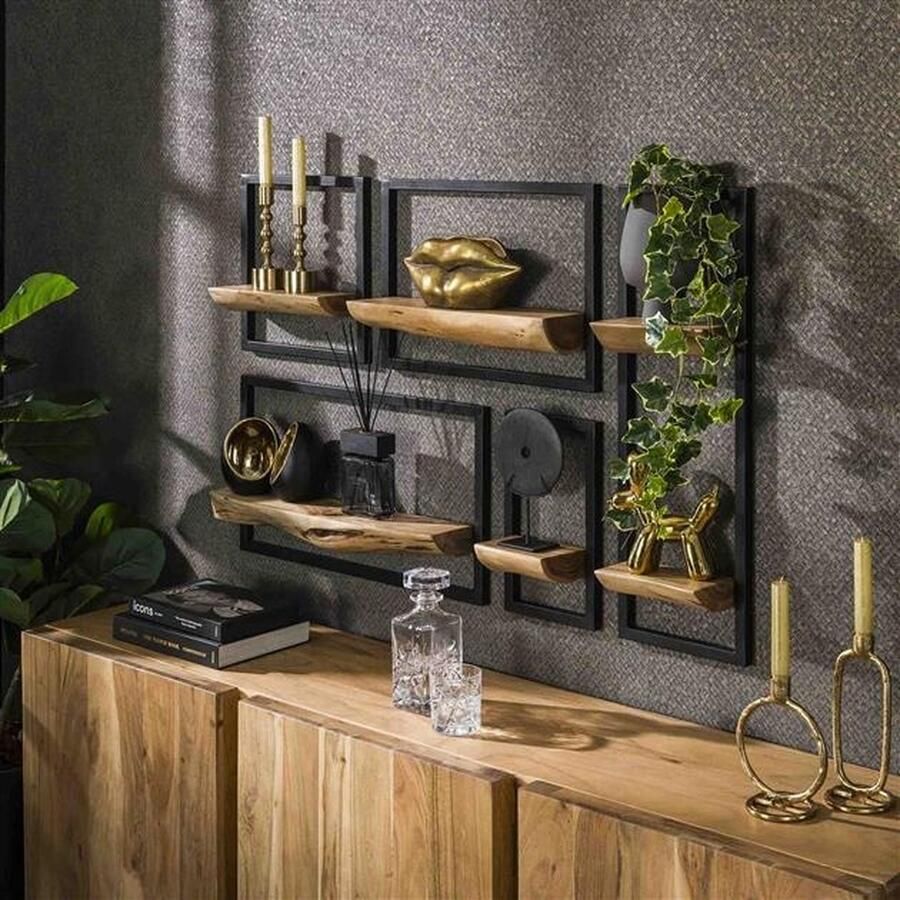 PS-Collection Edge Set 5 Wandschap 25x15x75cm Naturel Acacia Metaal wandplank wandrek industrieel wandrek metaal zwart wandrek rond wandrekken wandplank zwevend wandplank hout wandkubus boekenplank