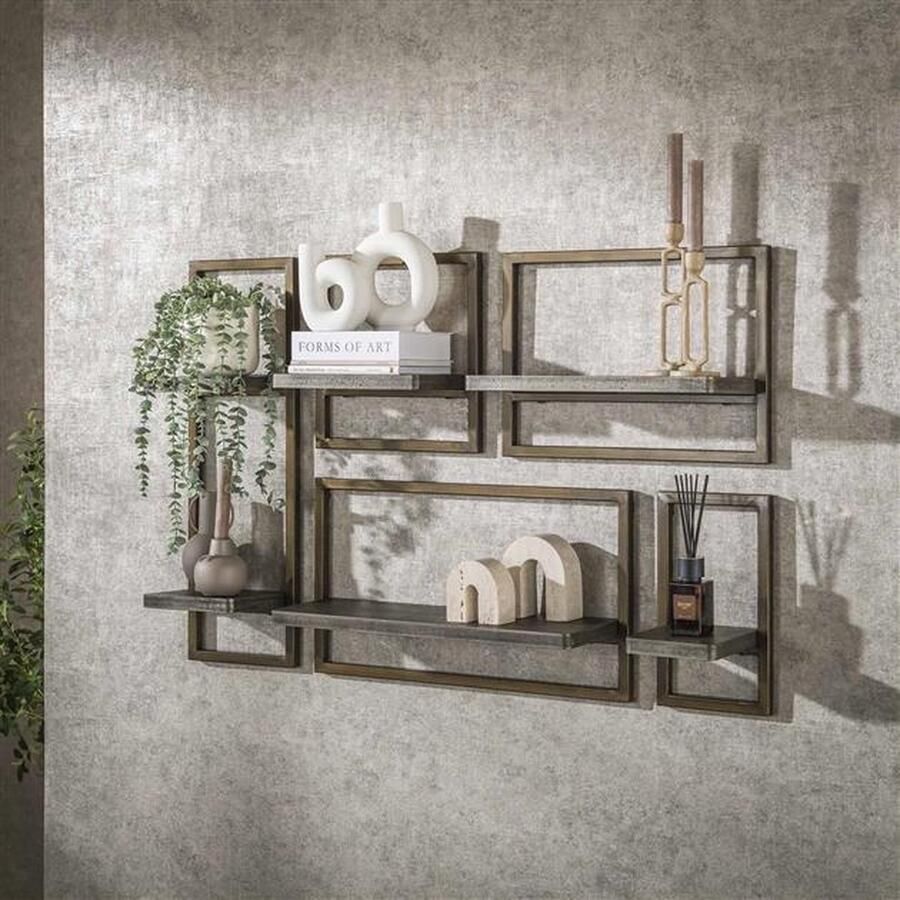 PS-Collection Ferro Wandschap Set van 5 65x18x35cm Brons Antiek Metaal wandplank wandrek industrieel wandrek metaal zwart wandrek rond wandrekken wandplank zwevend wandplank hout