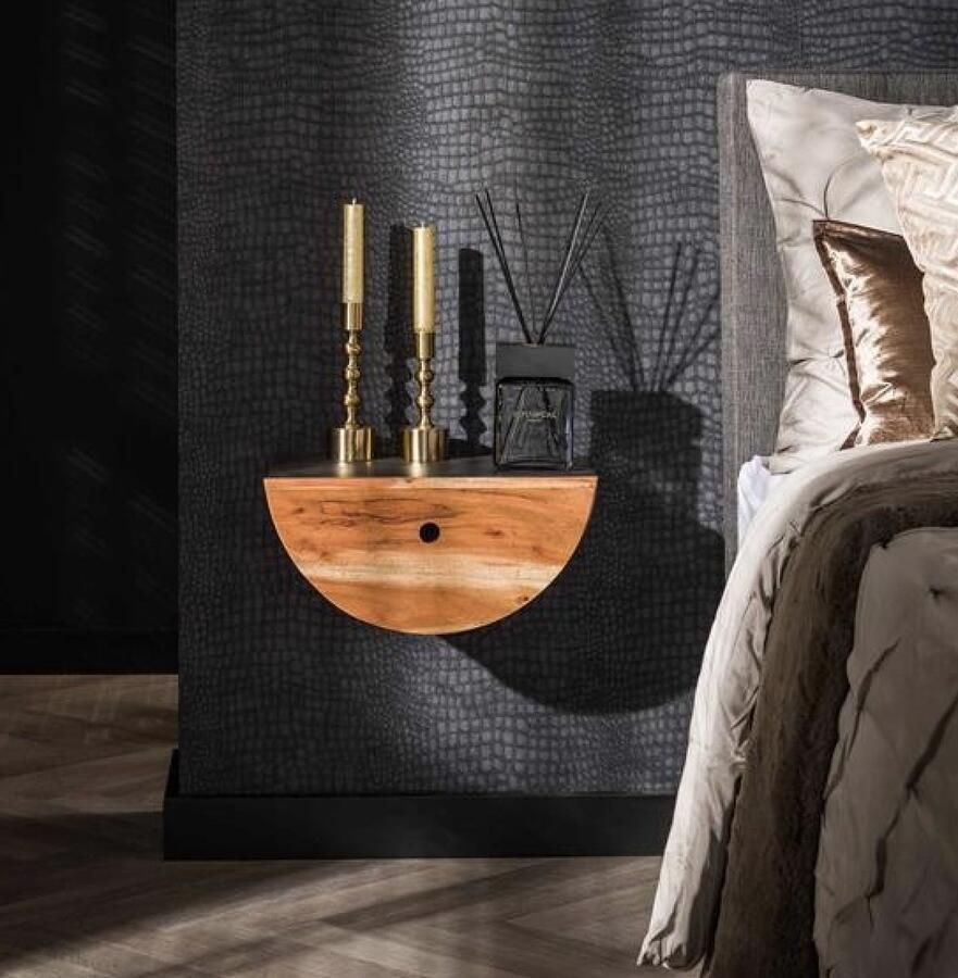 PS-Collection Half Moon Set van 2 Nachtkastjes 1 Lade 40x24x19cm Naturel Acacia Metaal nachtkastje nachtkastjes set van 2 nachtkastjes industrieel nachtkastje zwart nachtkastjes modern nachtkastje zwevend