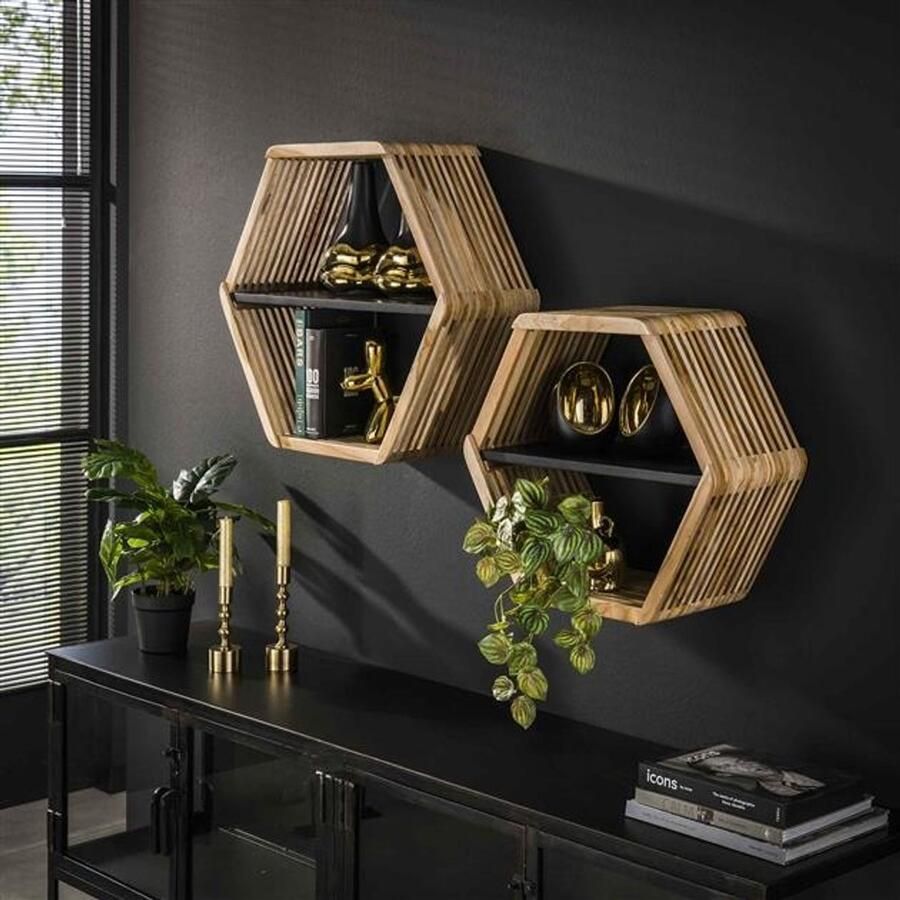 PS-Collection Hexagon Set 2 Wandschap 64x23x57cm Verweerd Teakhout wandplank wandrek industrieel wandrek metaal zwart wandrek rond wandrekken wandplank zwevend wandplank hout wandkubus boekenplank