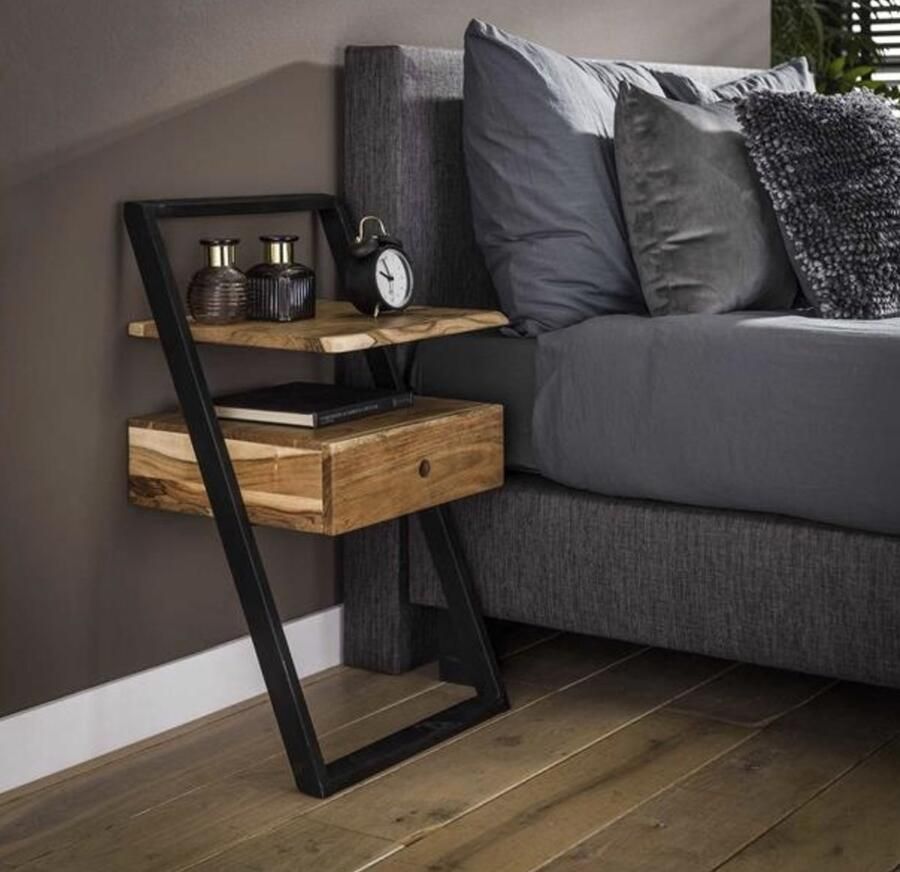 PS-Collection Lean Nachtkastje 45x35x77cm Naturel Acacia Metaal nachtkastje nachtkastjes set van 2 nachtkastjes industrieel nachtkastje zwart nachtkastjes modern nachtkastje zwevend