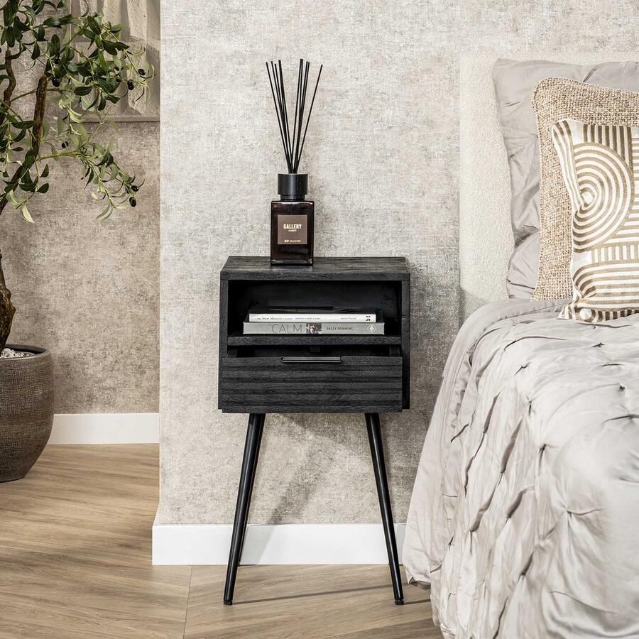 PS-Collection Marina 1 Lade Nachtkastje 35x35x60cm Zwart Mangohout nachtkastje nachtkastjes set van 2 nachtkastjes industrieel nachtkastje zwart nachtkastjes modern nachtkastje zwevend