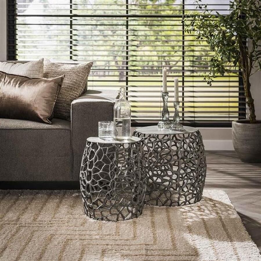 PS-Collection Maze Zandgegoten Set 2 Bijzettafels 45x42cm Zwart Metaal bijzettafels bijzettafel buiten bijzet tafel bijzettafel metaal met hout bijzettafel vierkant bijzettafel rond bijzettafel industrieel