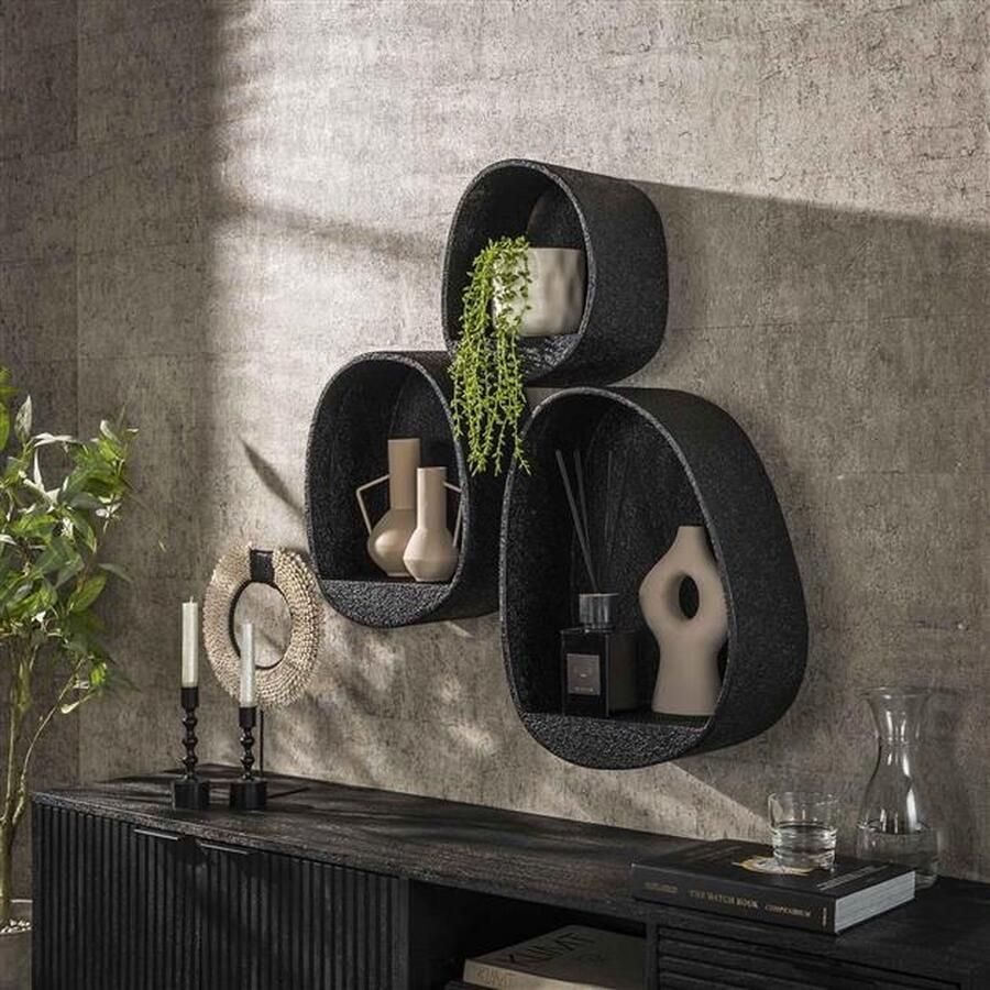 PS-Collection Metallic Druppel Set 3 Wandplanken 43x21x50cm Grijs Metaal wandplank wandrek industrieel wandrek metaal zwart wandrek rond wandrekken wandplank zwevend wandplank hout wandkubus boekenplank