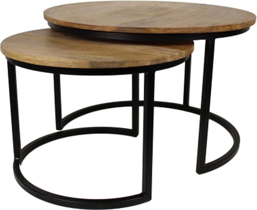PS-Collection Nolan Salontafel Set van 2 ø70x46cm Bruin Zwart Hout Metaal salontafels rond salontafels salontafel zwart salon tafel salontafel rond salontafel industrieel salontafel vierkant salontafel marmer salontafel wit