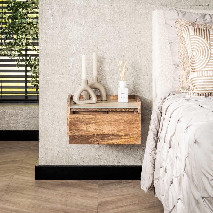 PS-Collection Nuovo Travertin Hangend Nachtkastje 40x35x19cm Zandkleur Mangohout nachtkast nachtkastje nachtkastjes industrieel nachtkastje hout nachtkastjes modern nachtkastje zwevend