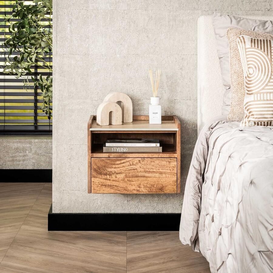 PS-Collection Nuovo Travertin Hangend Nachtkastje Open Vak 40x35x30 cm Zandkleur Mangohout nachtkast nachtkastje nachtkastjes industrieel nachtkastje hout nachtkastjes modern nachtkastje zwevend