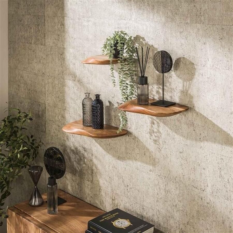 PS-Collection Organic Set 3 Wandschap 50x20x4cm Naturel Acaciahout wandplank wandrek industrieel wandrek metaal zwart wandrek rond wandrekken wandplank zwevend wandplank hout wandkubus boekenplank