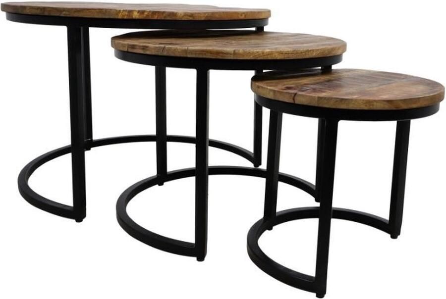 PS-Collection Paige Salontafel Set van 3 Bruin Zwart Hout Metaal salontafels rond salontafels salontafel zwart salon tafel salontafel rond salontafel industrieel salontafel vierkant salontafel marmer salon