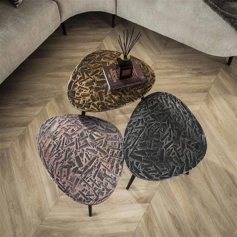 PS-Collection Patina Set 3 Driehoekige Salontafels 60x48x43cm Koper Brons Zilver Antiek Metaal salontafels rond salontafels salontafel zwart salon tafel salontafel rond salontafel industrieel salontafel vierkant salontafel marmer