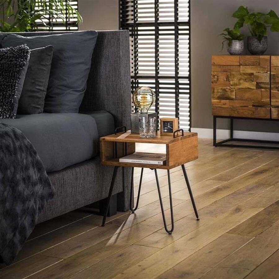 PS-Collection Quadro Nachtkastje 40x34x48cm Naturel Acacia Metaal nachtkastje nachtkastjes set van 2 nachtkastjes industrieel nachtkastje zwart nachtkastjes modern nachtkastje zwevend