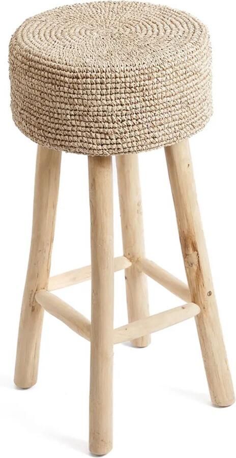 PS-Collection Raffia Barkruk 35x35x75cm Naturel Teakhout krukje hout krukjes om op te zitten krukje badkamer krukjes om op te zitten volwassenen krukje make up tafel kruk krukje houten krukje