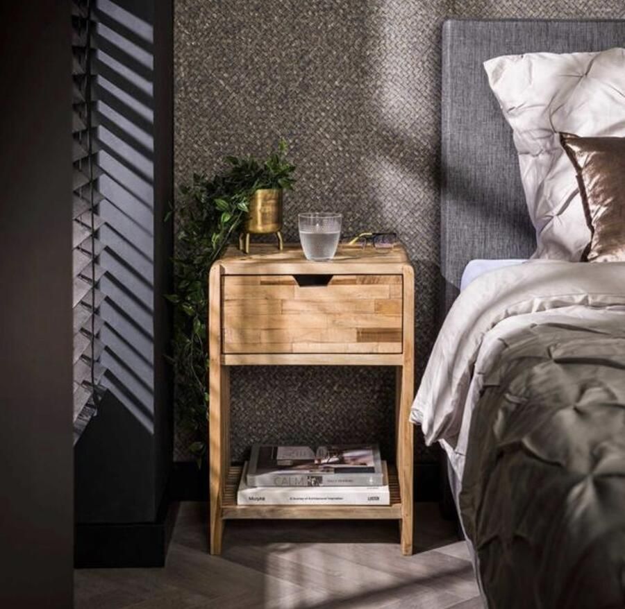 PS-Collection Rib 1 Lade Nachtkastje 40x30x55cm Naturel Teakhout nachtkastje nachtkastjes set van 2 nachtkastjes industrieel nachtkastje zwart nachtkastjes modern nachtkastje zwevend