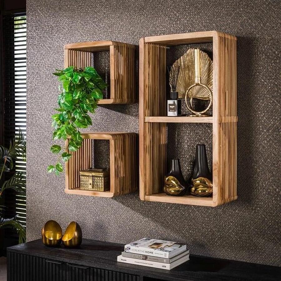 PS-Collection Rib Set 3 Wandschap 42x23x80cm Naturel Verweerd Teak wandplank wandrek industrieel wandrek metaal zwart wandrek rond wandrekken wandplank zwevend wandplank hout wandkubus boekenplank