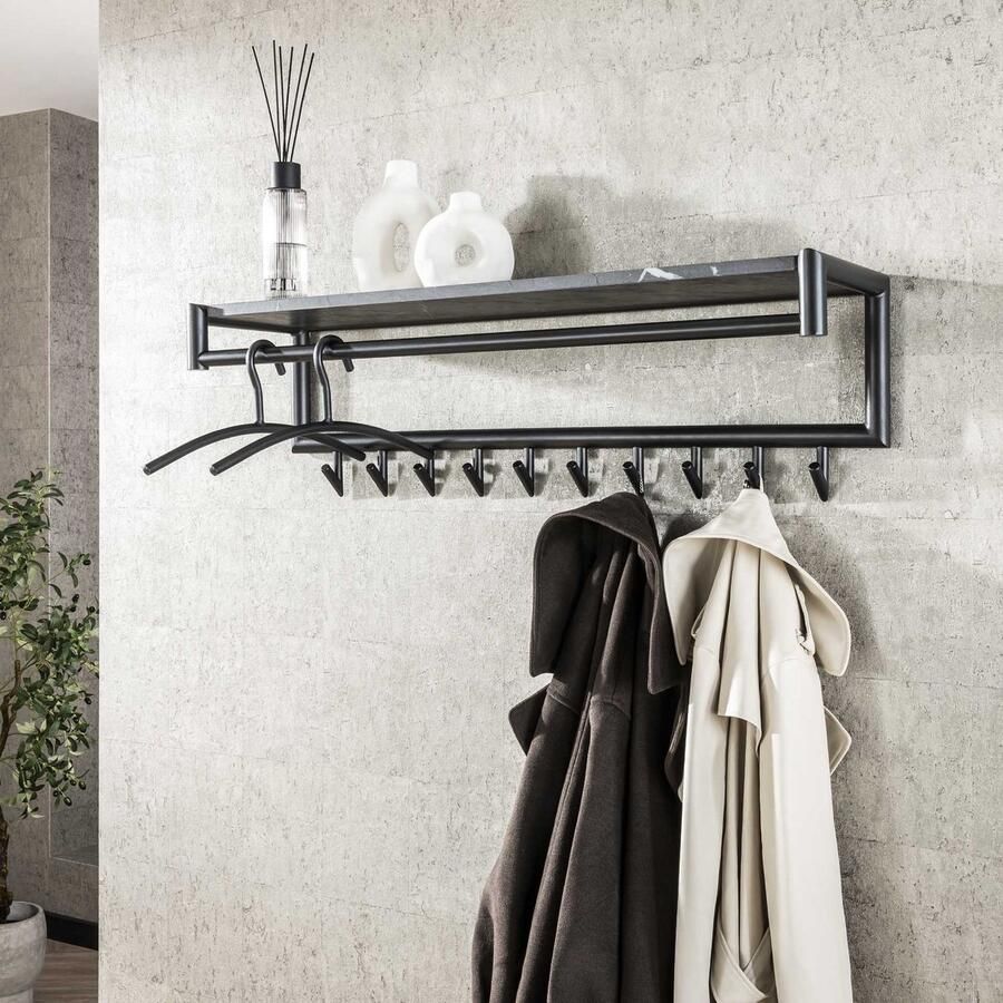 PS-Collection Roede 10 Haaks Kapstok 100x27x30cm Zwart Bruin Metaal Melamine wandkapstok kapstok staand kapstok wandkapstok kapstokken kapstok hangend kapstok zwart