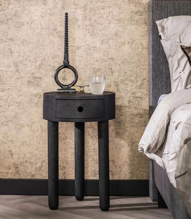 PS-Collection Round Full Wood 1 Lade Nachtkastje ø35x55cm Zwart Acacia nachtkastje nachtkastjes set van 2 nachtkastjes industrieel nachtkastje zwart nachtkastjes modern nachtkastje zwevend