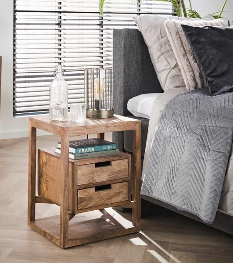 PS-Collection Sahara 2 Lade Nachtkastje 45x35x55cm Zandkleur Mangohout nachtkastje nachtkastjes set van 2 nachtkastjes industrieel nachtkastje zwart nachtkastjes modern nachtkastje zwevend