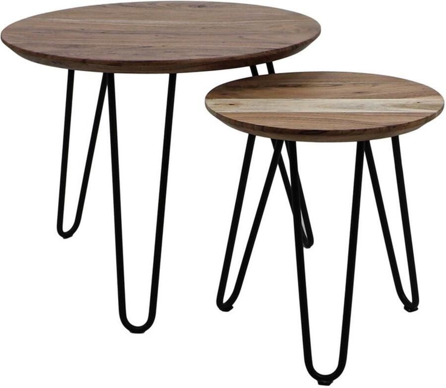 PS-Collection Set van 2 Ronde Bijzettafels Acaciahout Metaal Naturel Zwart 60×50 40×43 cm bijzettafels bijzettafel buiten bijzet tafel bijzettafel metaal met hout bijzettafel vierkant bijzettafel rond bijzettafel industrieel