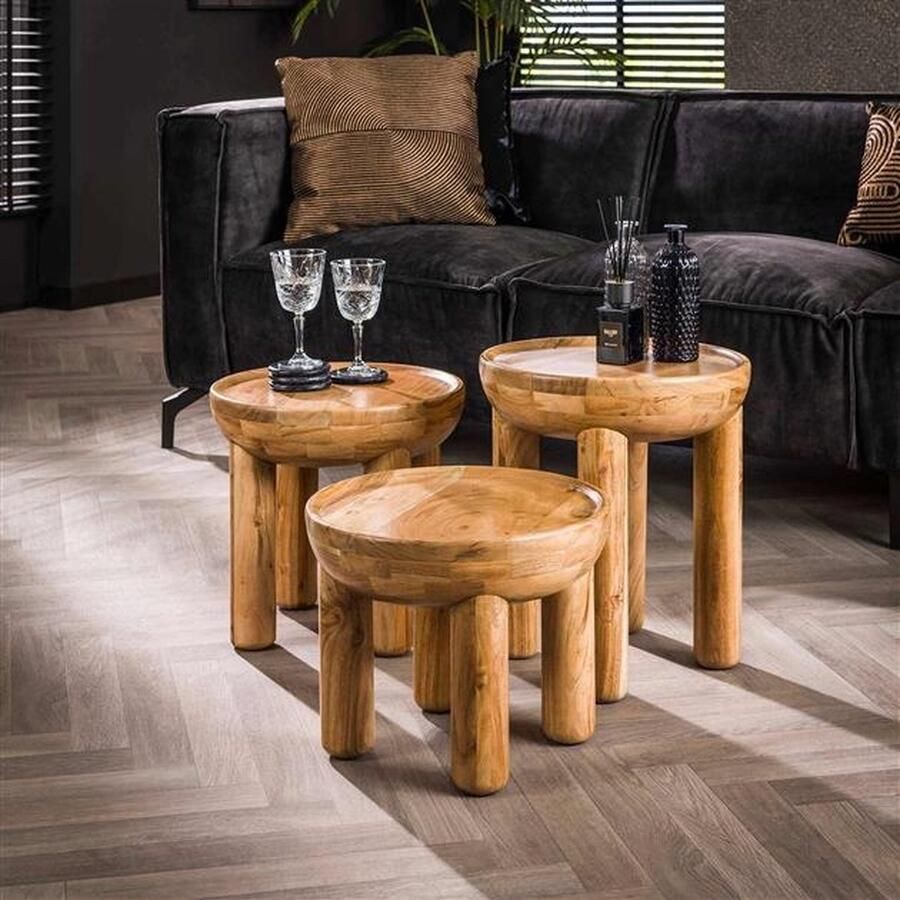 PS-Collection Set van 3 Ronde Salontafels Ø40x45cm Naturel Acacia Hout salontafels rond salontafels salontafel zwart salon tafel salontafel rond salontafel industrieel salontafel vierkant salontafel marmer salontafel wit