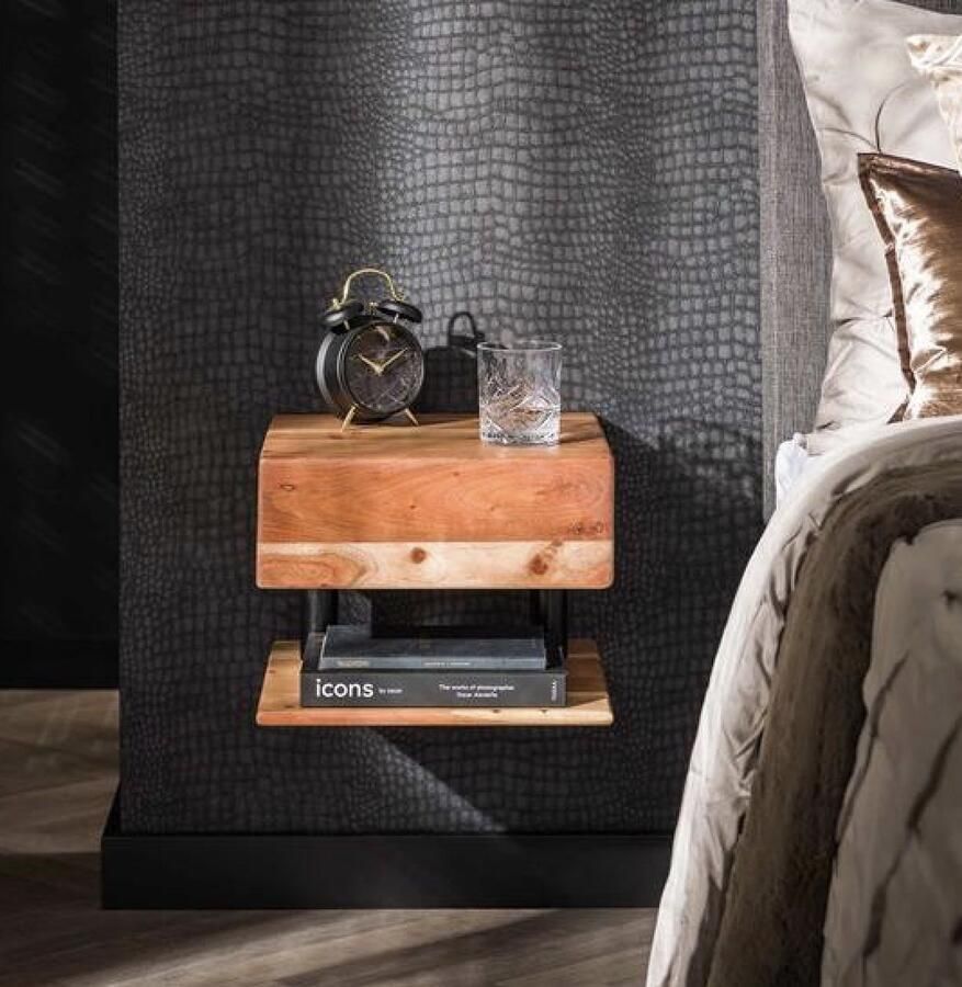 PS-Collection Shelve 1 Lade Nachtkastje 35x31x27cm Naturel Acaciahout nachtkastje nachtkastjes set van 2 nachtkastjes industrieel nachtkastje zwart nachtkastjes modern nachtkastje zwevend - Foto 2