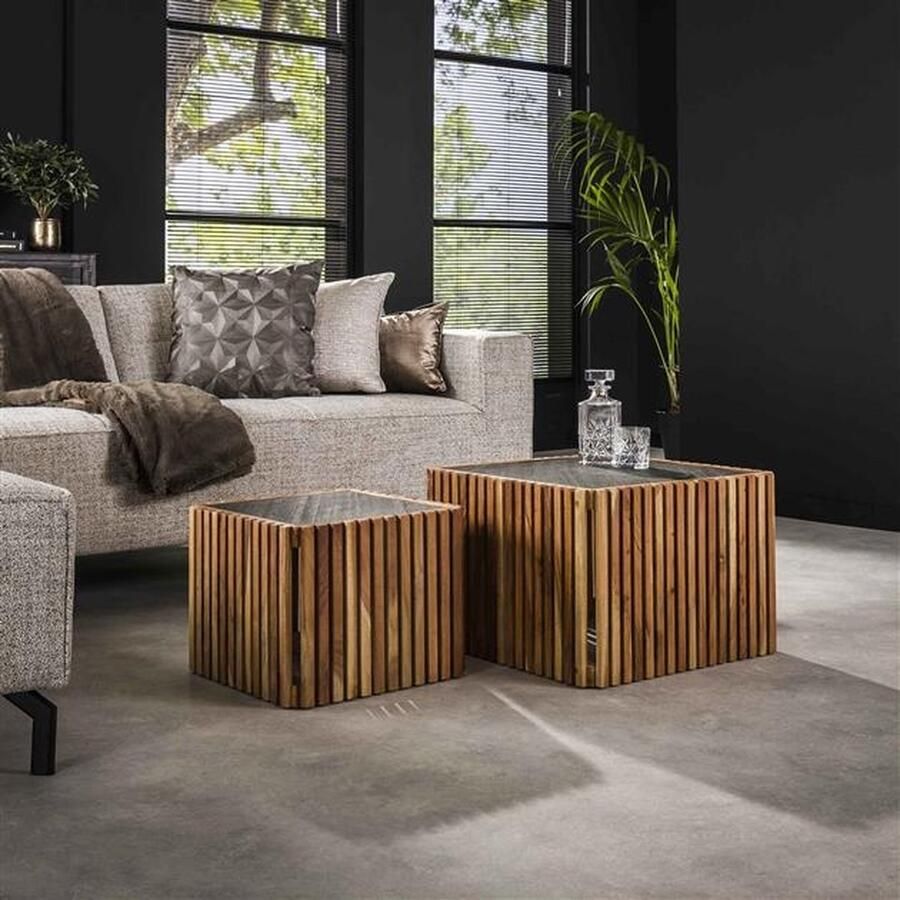 PS-Collection Slate Set 2 Salontafel 58x58x40cm Bruin Leisteen Acaciahout salontafels rond salontafels salontafel zwart salon tafel salontafel rond salontafel industrieel salontafel vierkant salontafel marmer salontafel wit